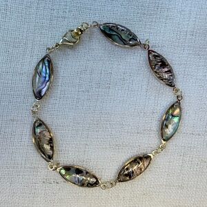 Elegant Abalone shell bracelet,iridescent oblong shells in metal frames.Sz 7.5”